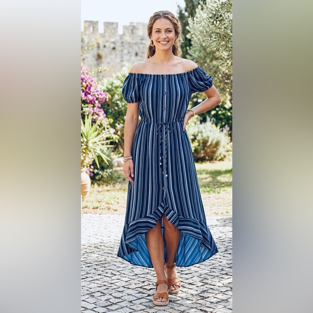 Indulge Blue and White High Low Sundress with Puff Sleeves